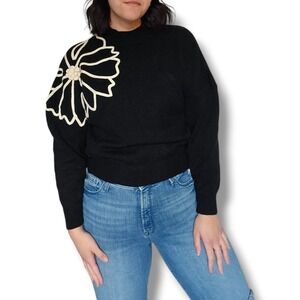 Before You With Love Cropped Black Embroidery Floral High Mock Neck Sweater